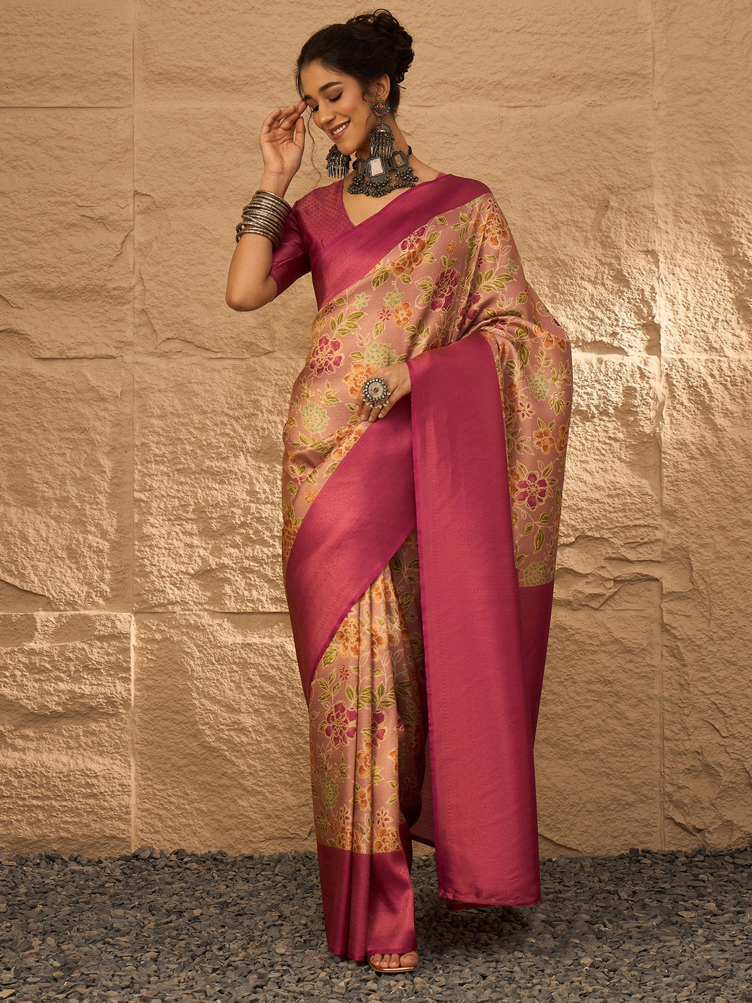 Pink Beige Banarasi Silk Blend Digital Print Saree