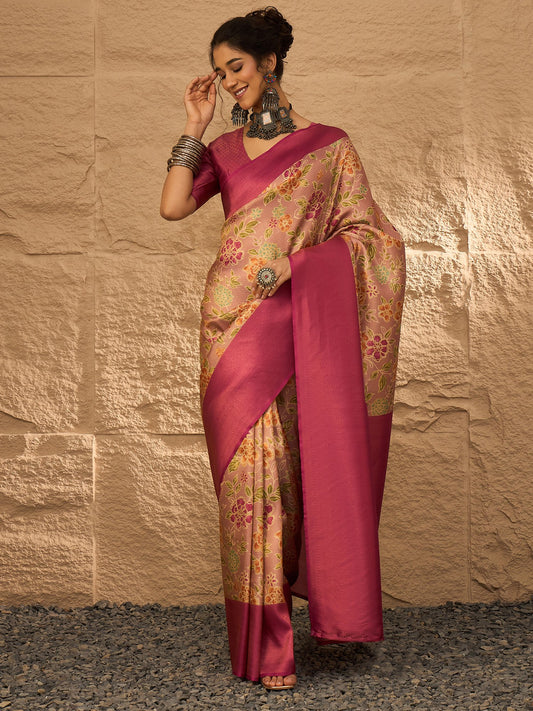 Pink Beige Banarasi Silk Blend Digital Print Saree