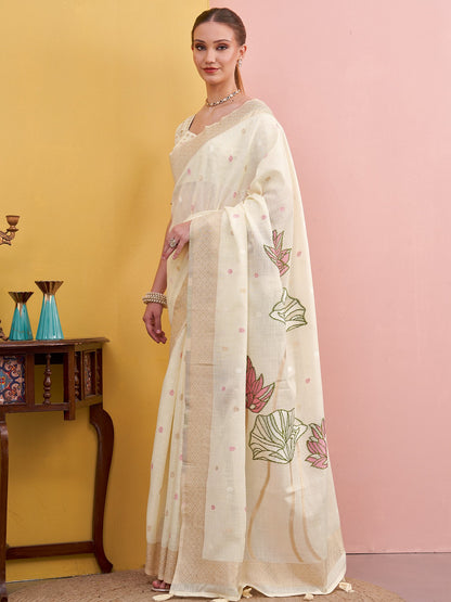 White Block Print Linen Woven Saree