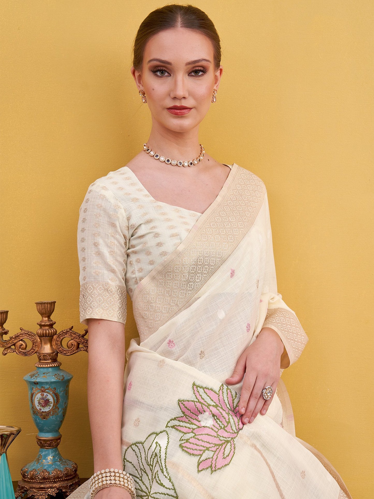 White Block Print Linen Woven Saree