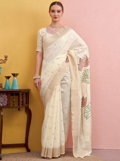 White White Block Print Linen Woven Saree