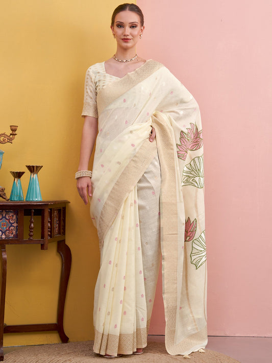 White White Block Print Linen Woven Saree