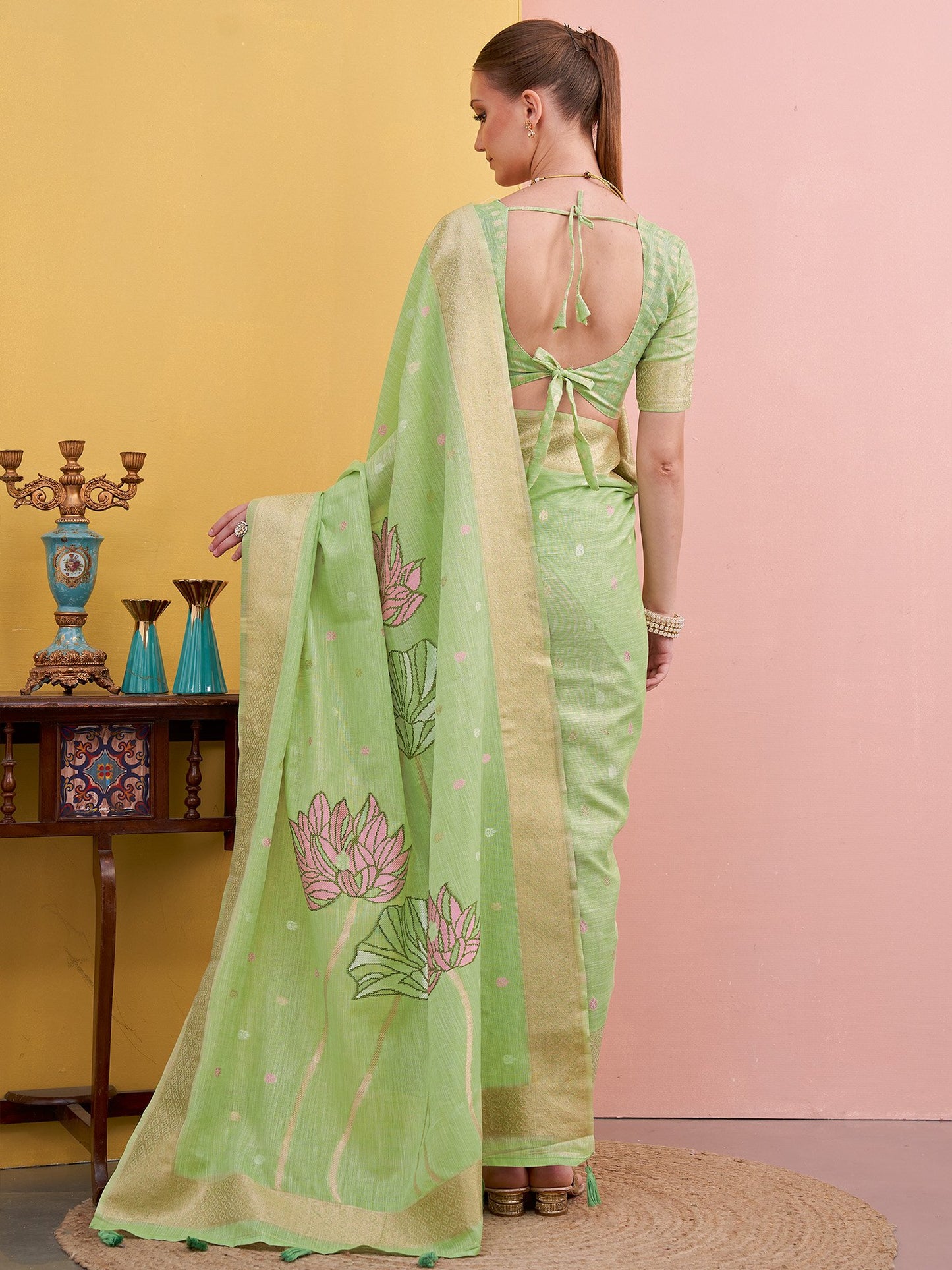 Light Block Print Linen Woven Saree