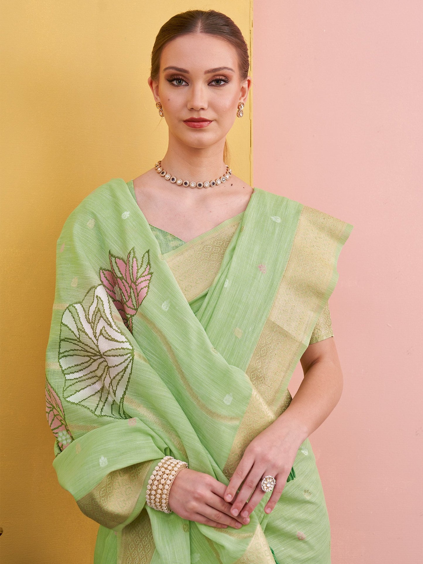 Light Block Print Linen Woven Saree