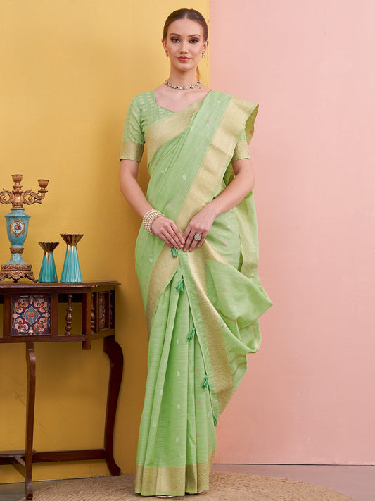 Green Light Block Print Linen Woven Saree