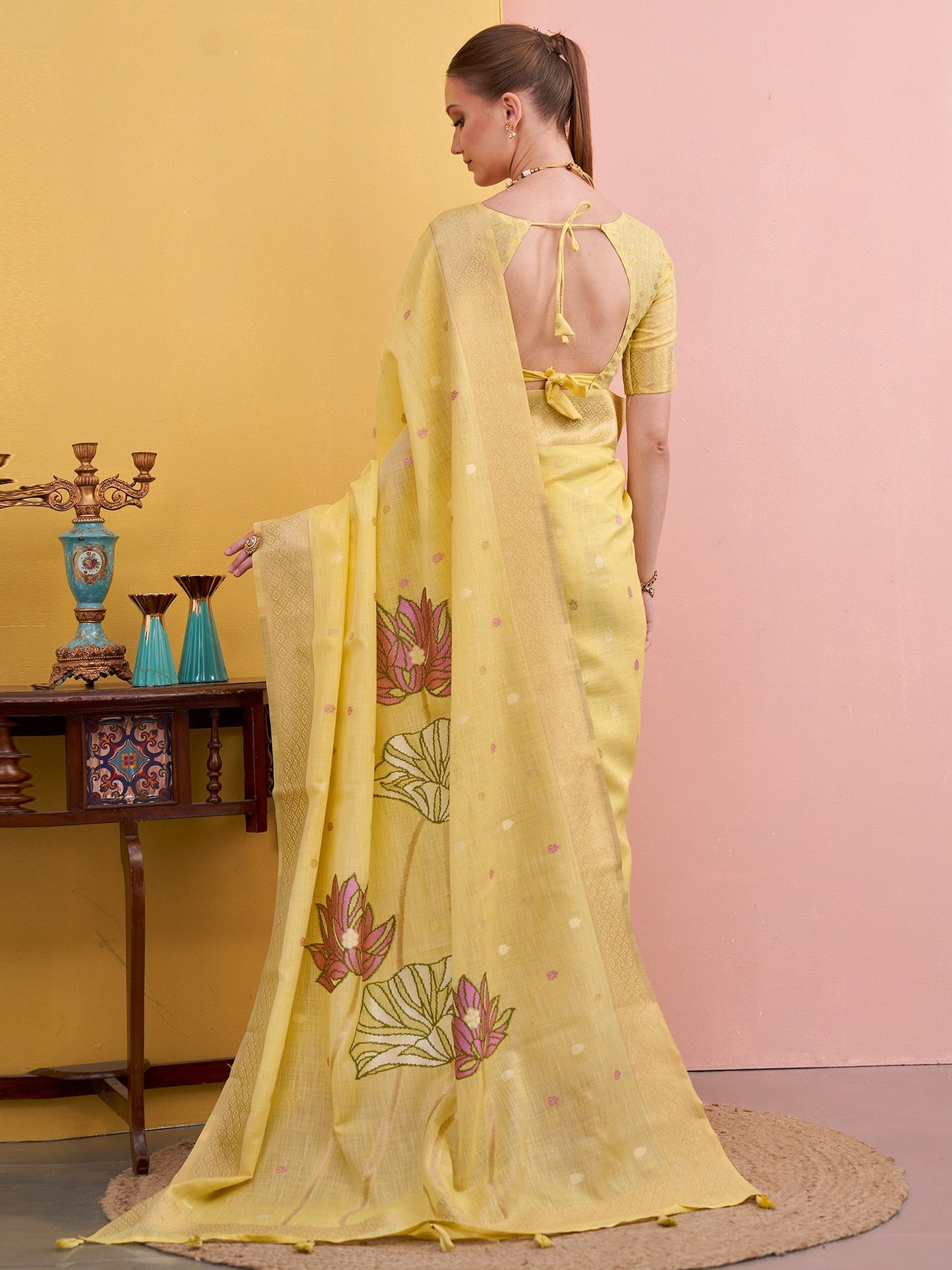 Yellow Block Print Linen Woven Saree