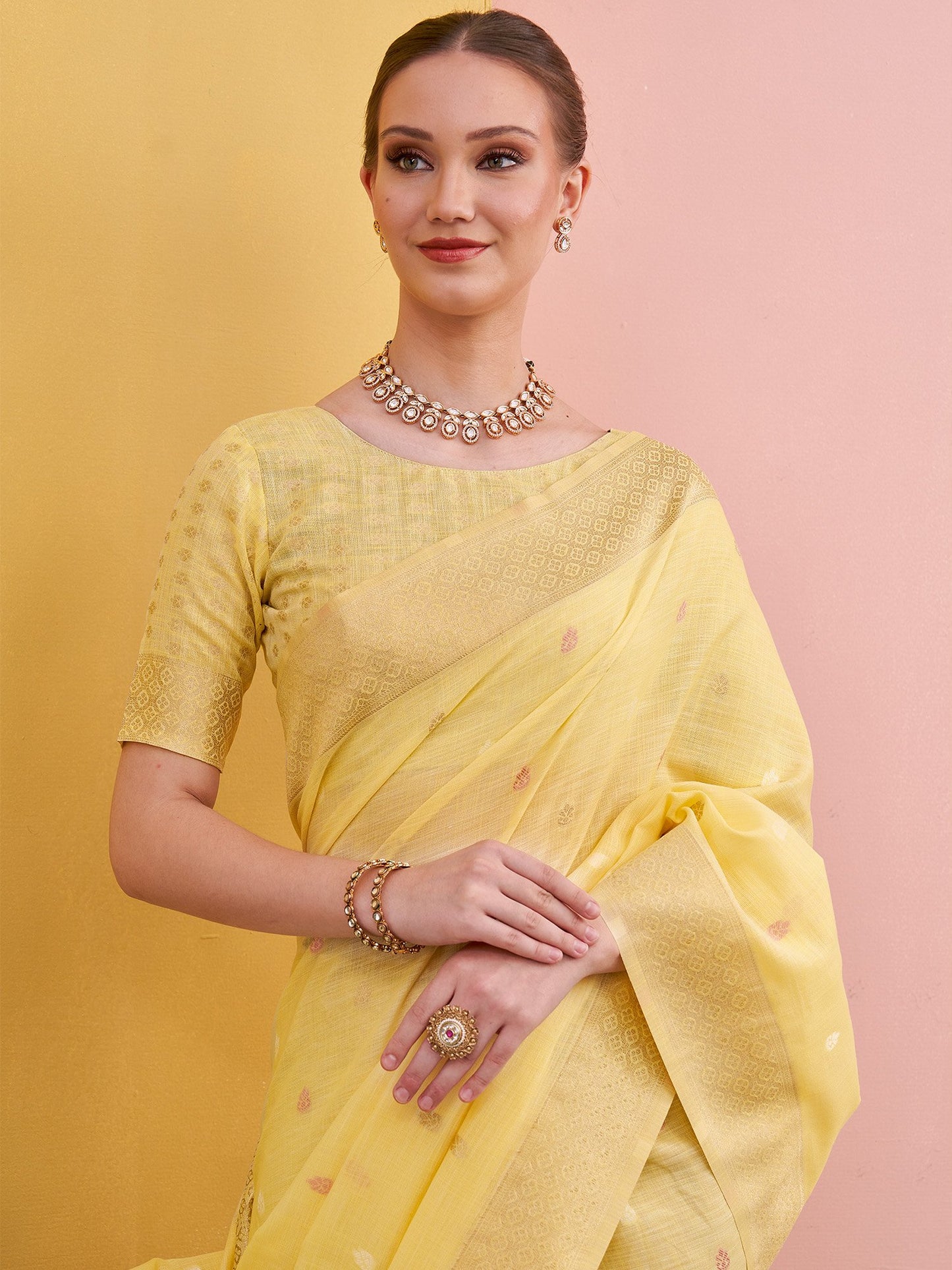 Yellow Block Print Linen Woven Saree