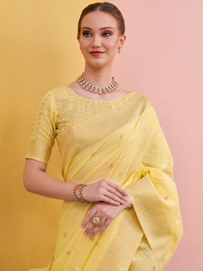 Yellow Block Print Linen Woven Saree