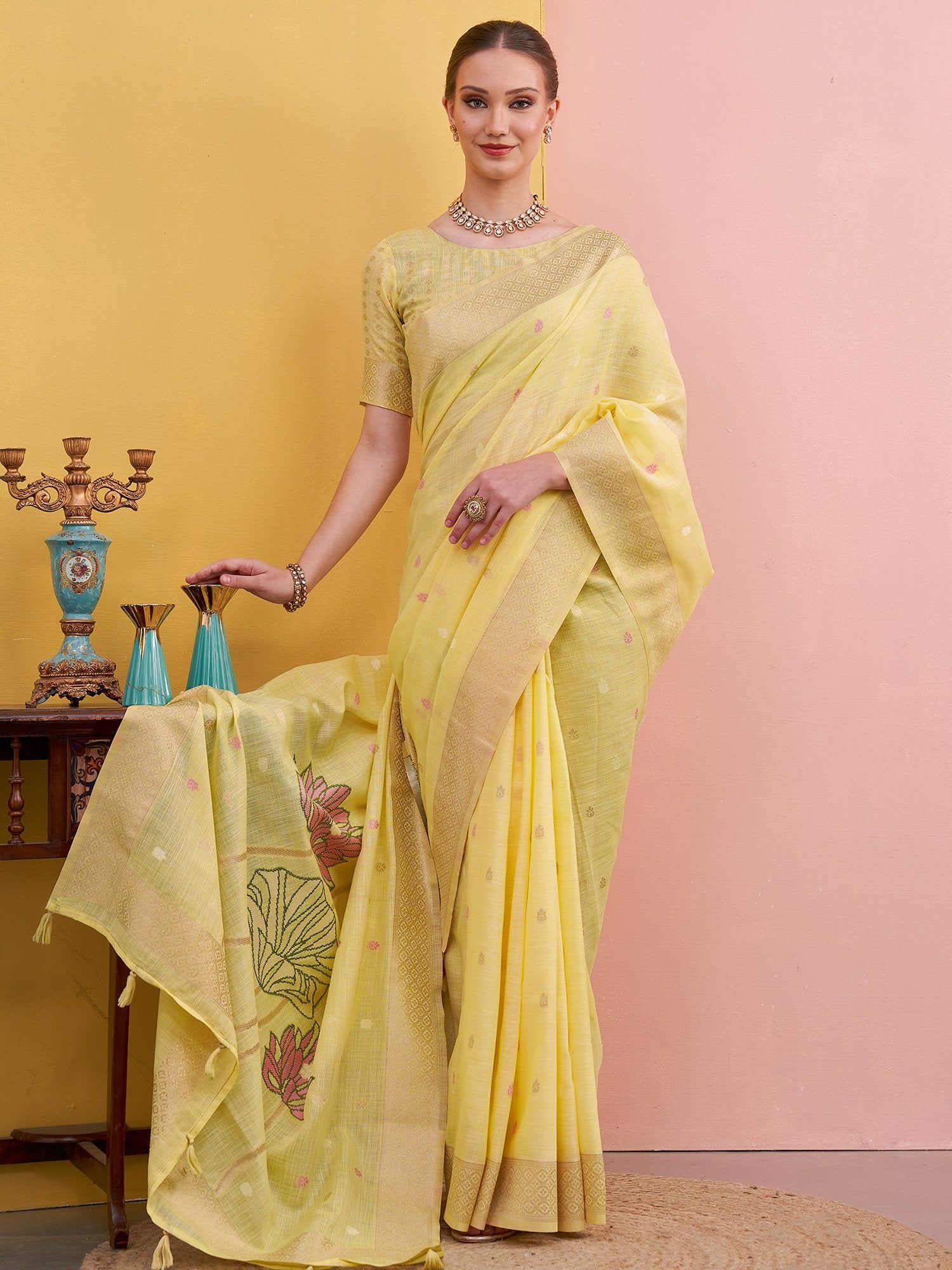 Yellow Yellow Block Print Linen Woven Saree