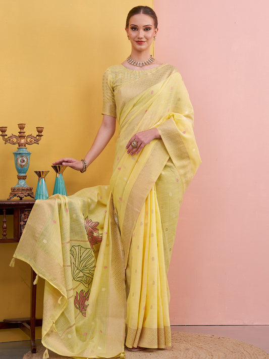 Yellow Yellow Block Print Linen Woven Saree