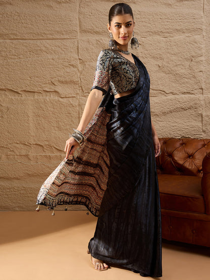 Black Block Print Crepe Printed Saree