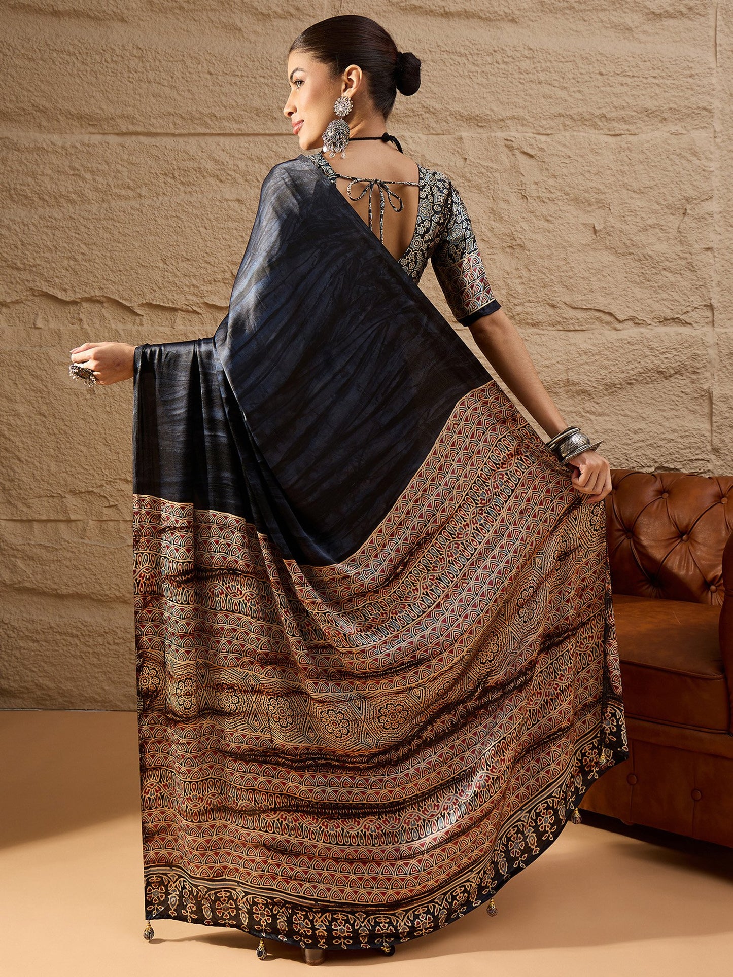 Black Block Print Crepe Printed Saree