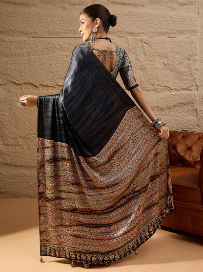 Black Block Print Crepe Printed Saree