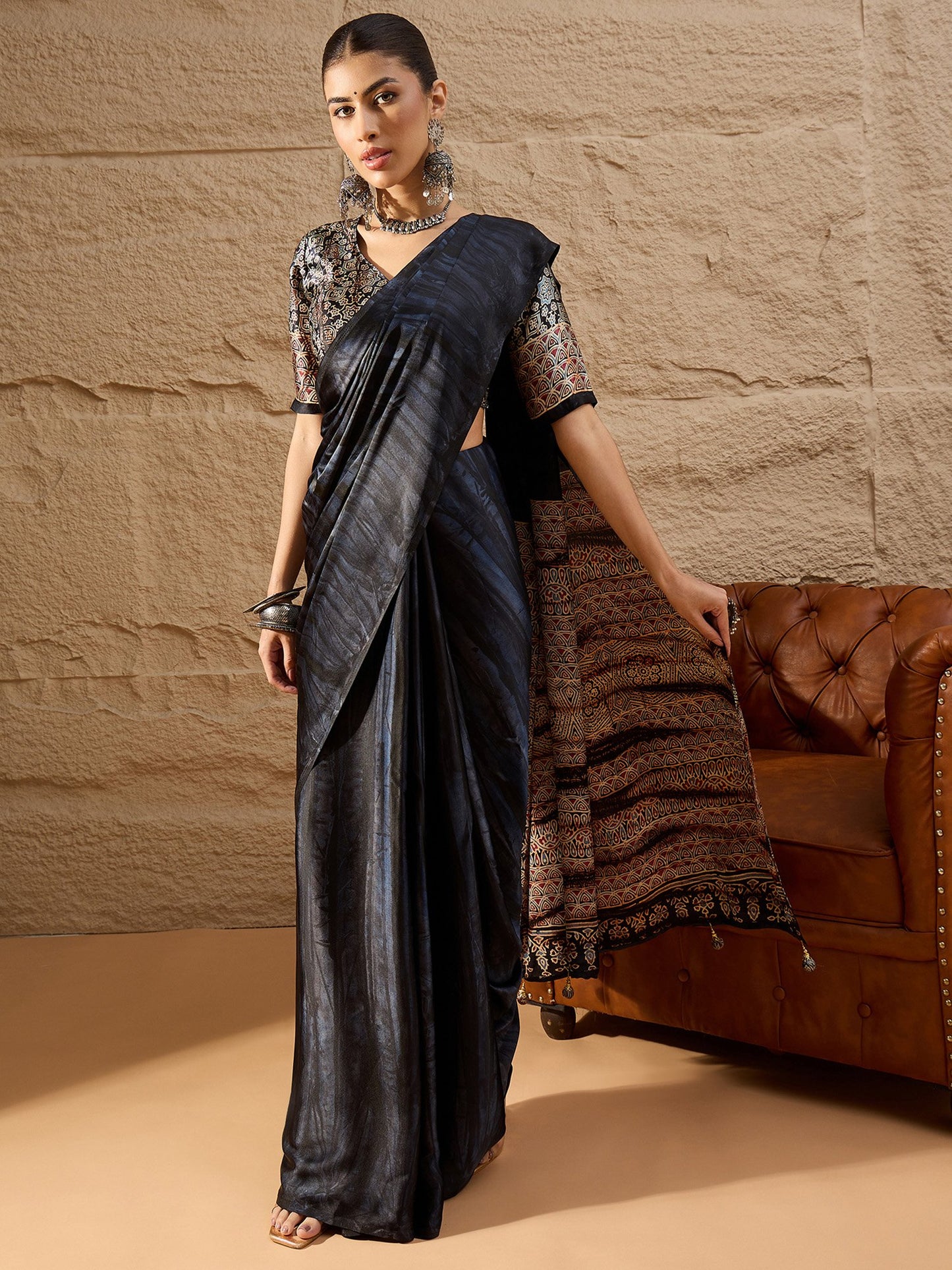 Black Black Block Print Crepe Printed Saree
