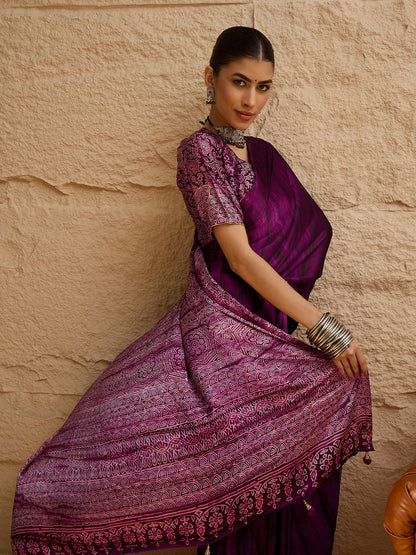 Purple Block Print Crepe Printed Saree