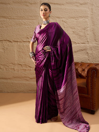 Purple Purple Block Print Crepe Printed Saree