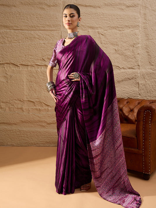 Purple Purple Block Print Crepe Printed Saree