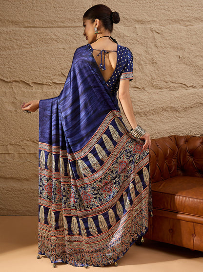 Blue Block Print Crepe Printed Saree