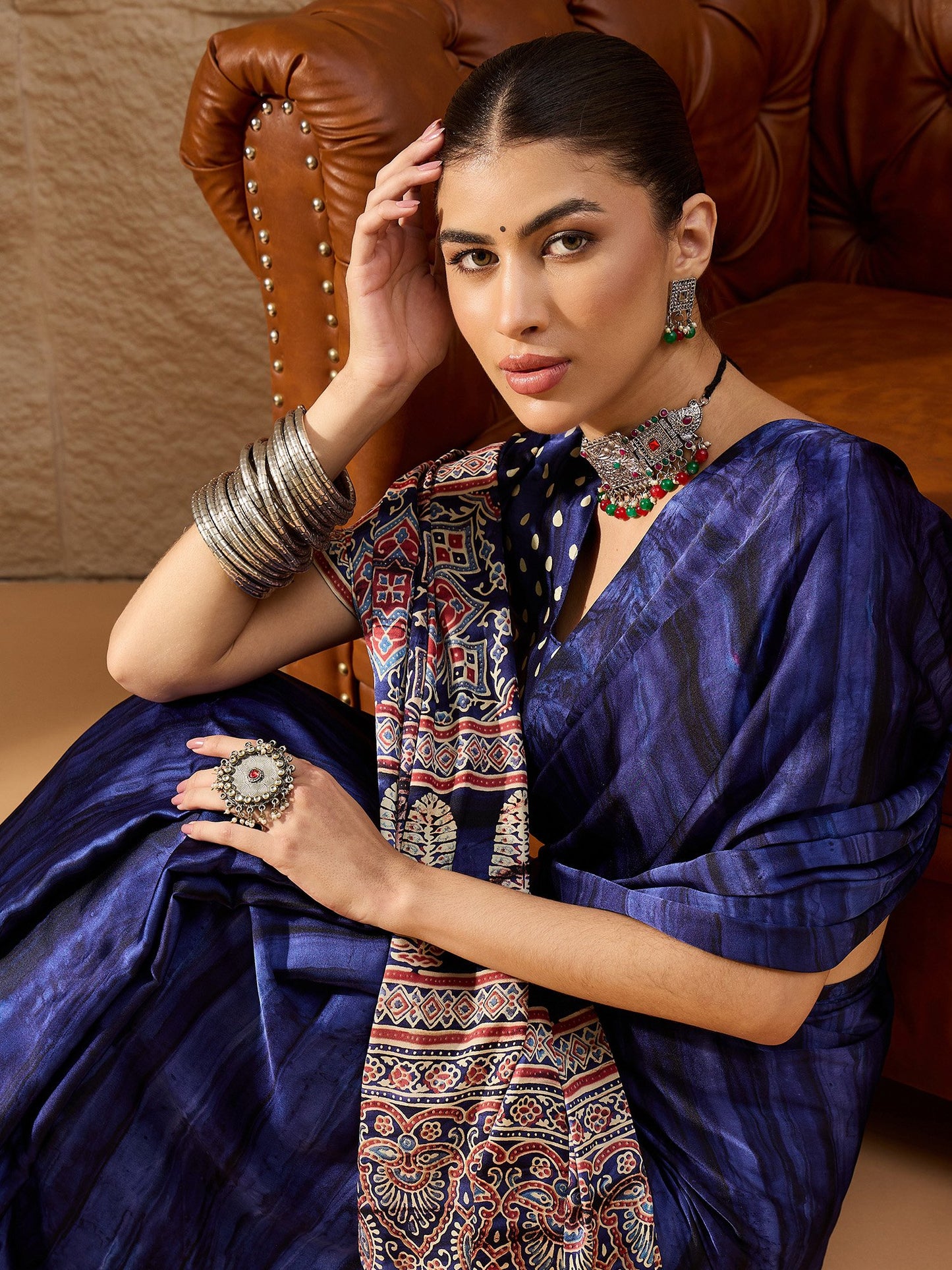 Blue Block Print Crepe Printed Saree
