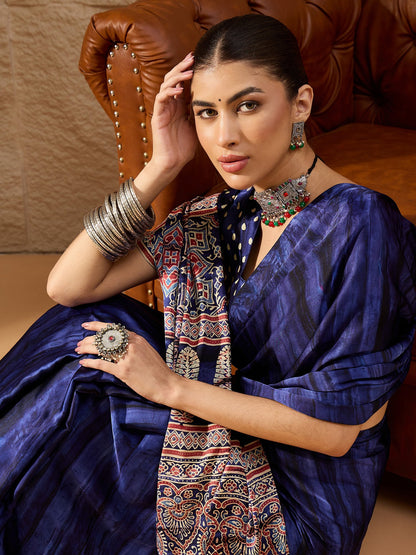 Blue Block Print Crepe Printed Saree