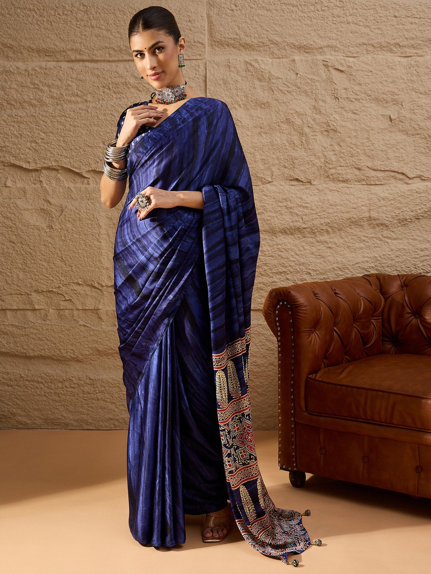Blue Blue Block Print Crepe Printed Saree