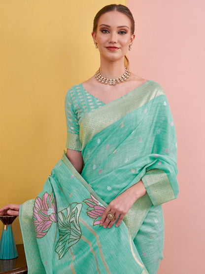 Turquoise Block Print Linen Woven Saree
