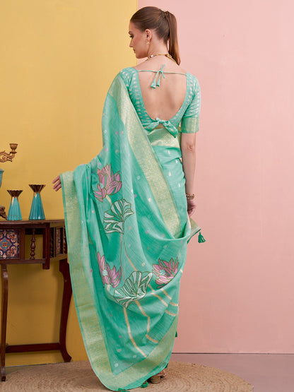 Turquoise Block Print Linen Woven Saree