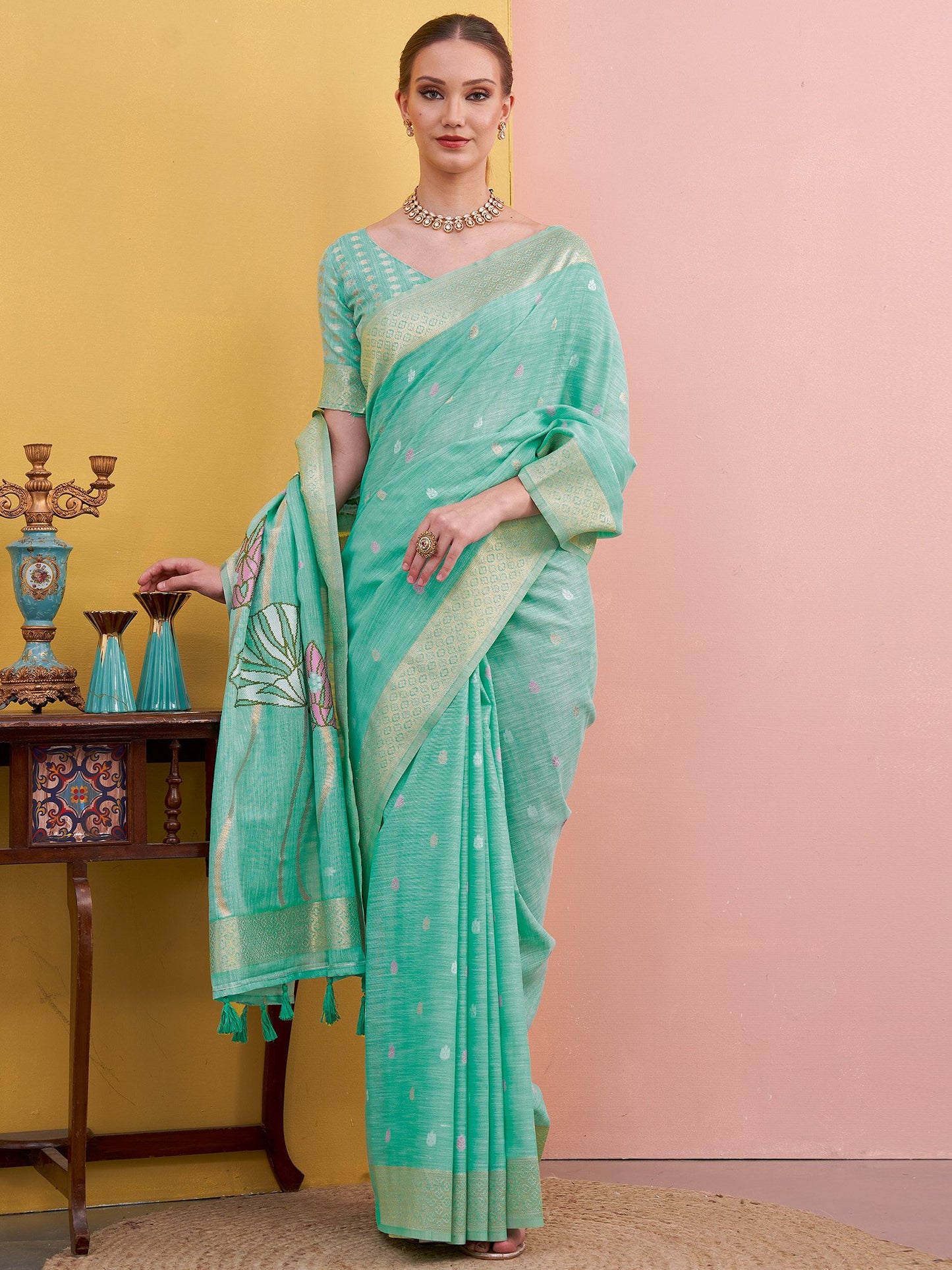 Blue Turquoise Block Print Linen Woven Saree