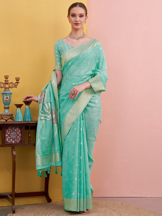 Blue Turquoise Block Print Linen Woven Saree
