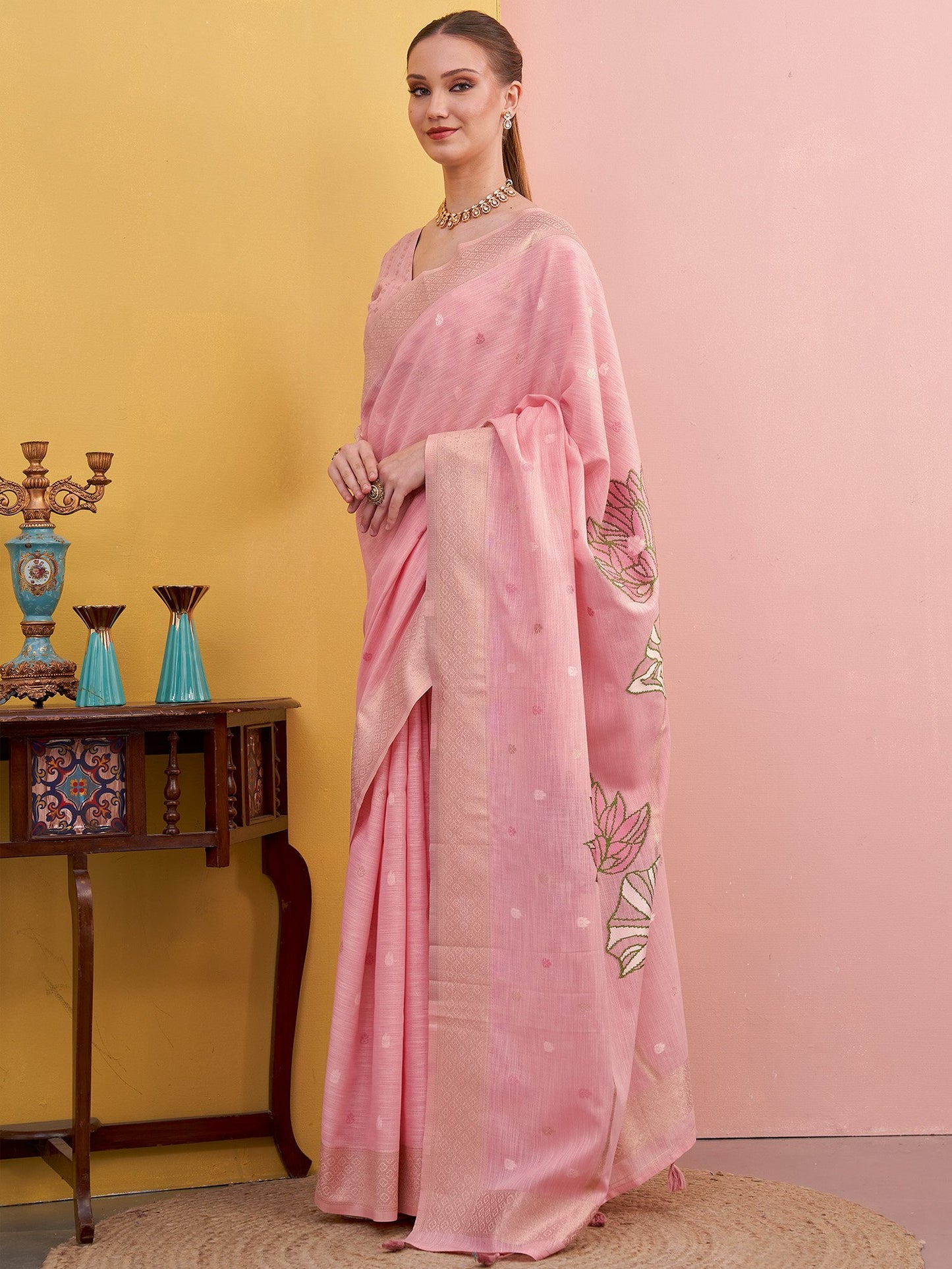 Pink Block Print Linen Woven Saree