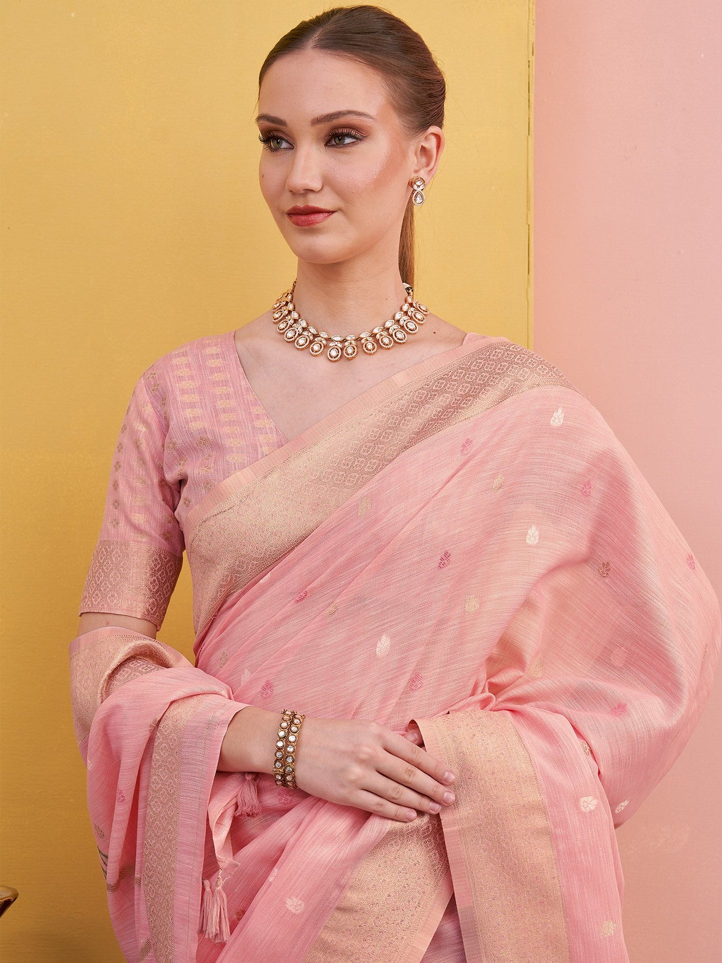 Pink Block Print Linen Woven Saree