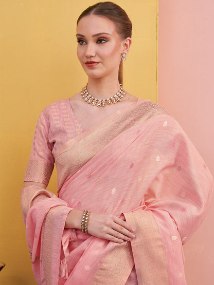 Pink Block Print Linen Woven Saree