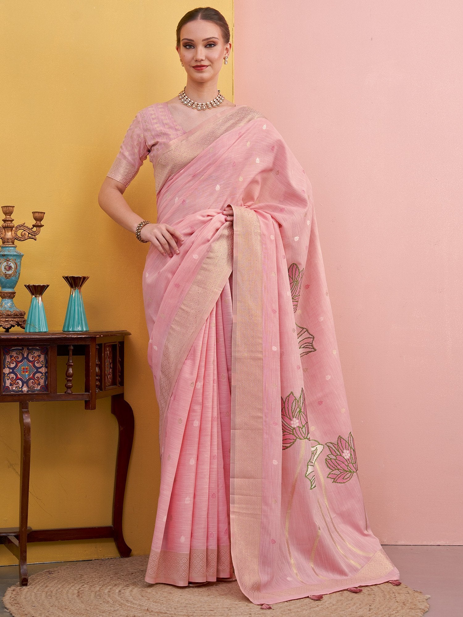Pink Pink Block Print Linen Woven Saree