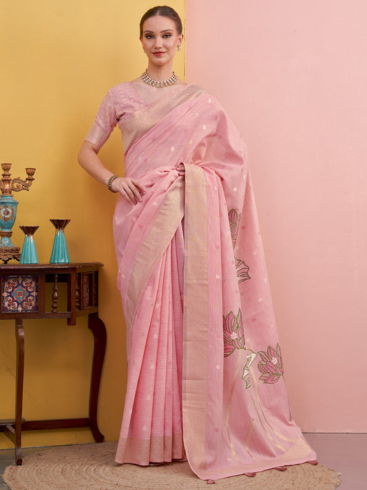 Pink Pink Block Print Linen Woven Saree