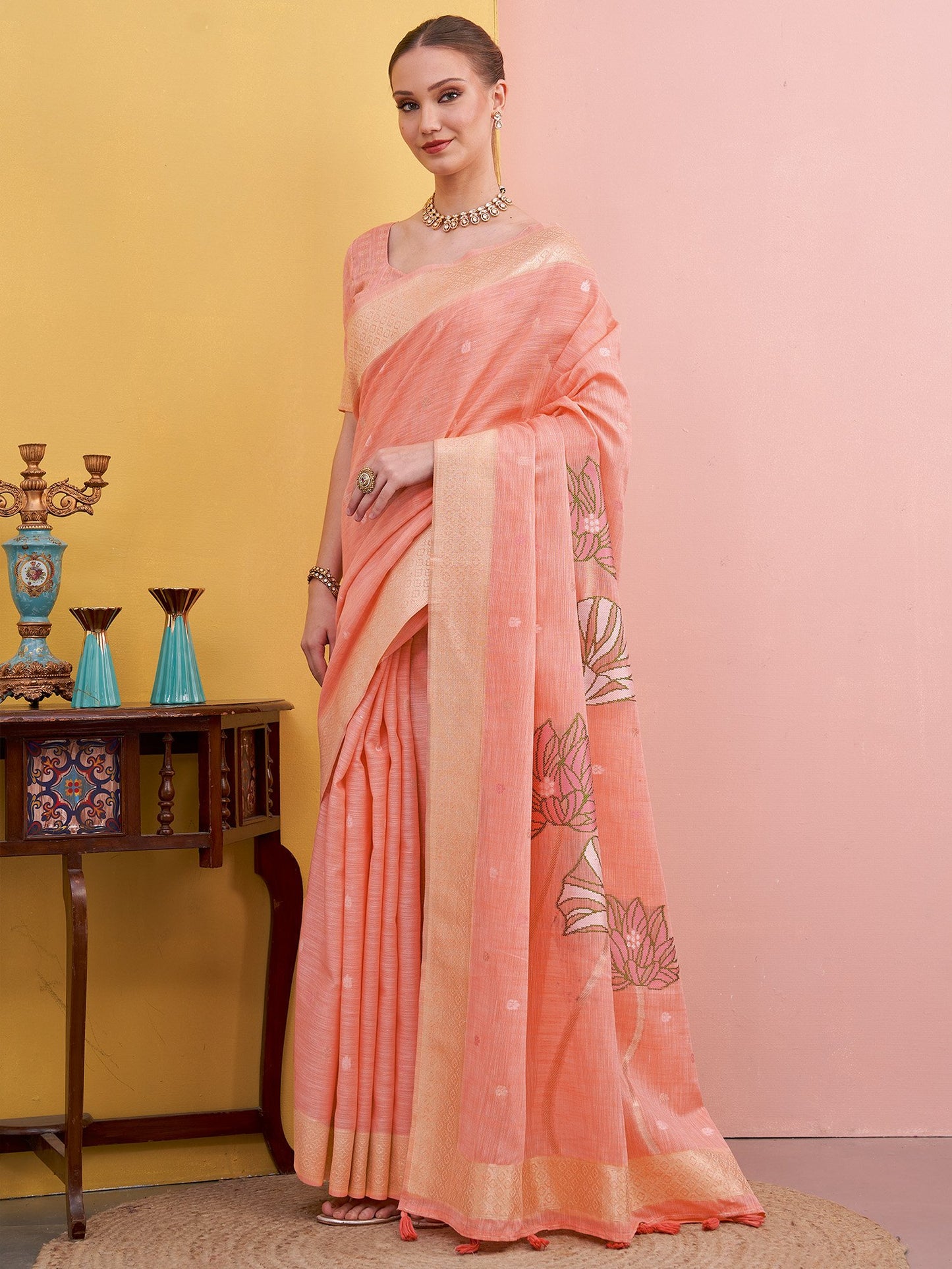 Peach Block Print Linen Woven Saree