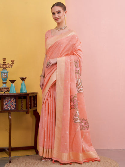 Peach Block Print Linen Woven Saree
