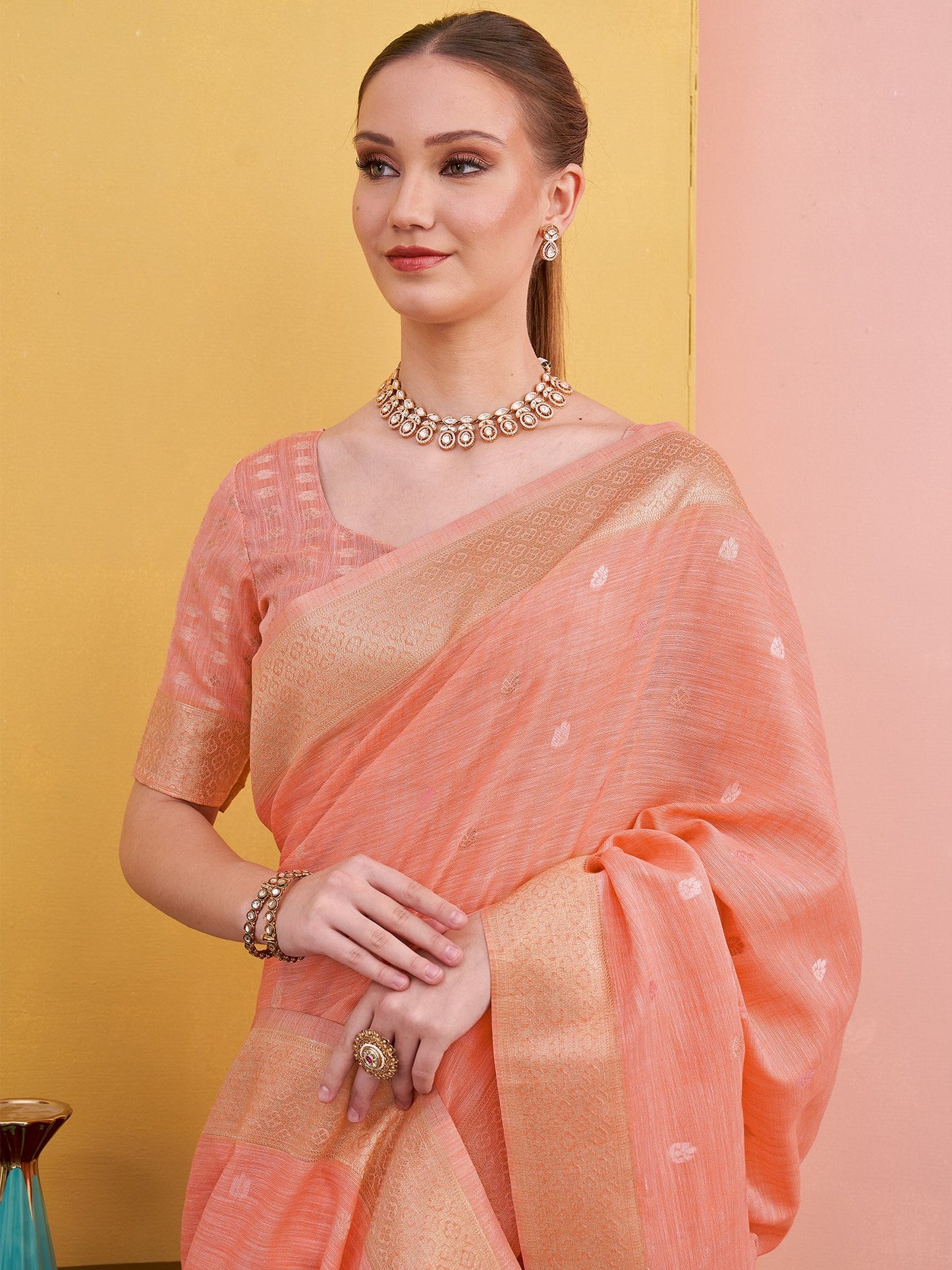 Peach Block Print Linen Woven Saree