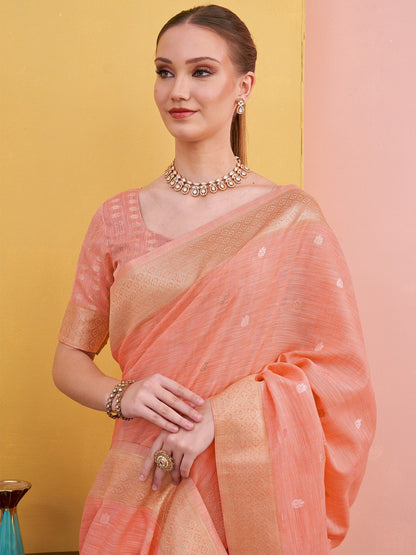Peach Block Print Linen Woven Saree