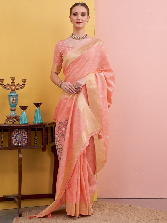 Pink Peach Block Print Linen Woven Saree