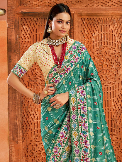 Turquoise Bandhani Tussar Silk Printed Saree