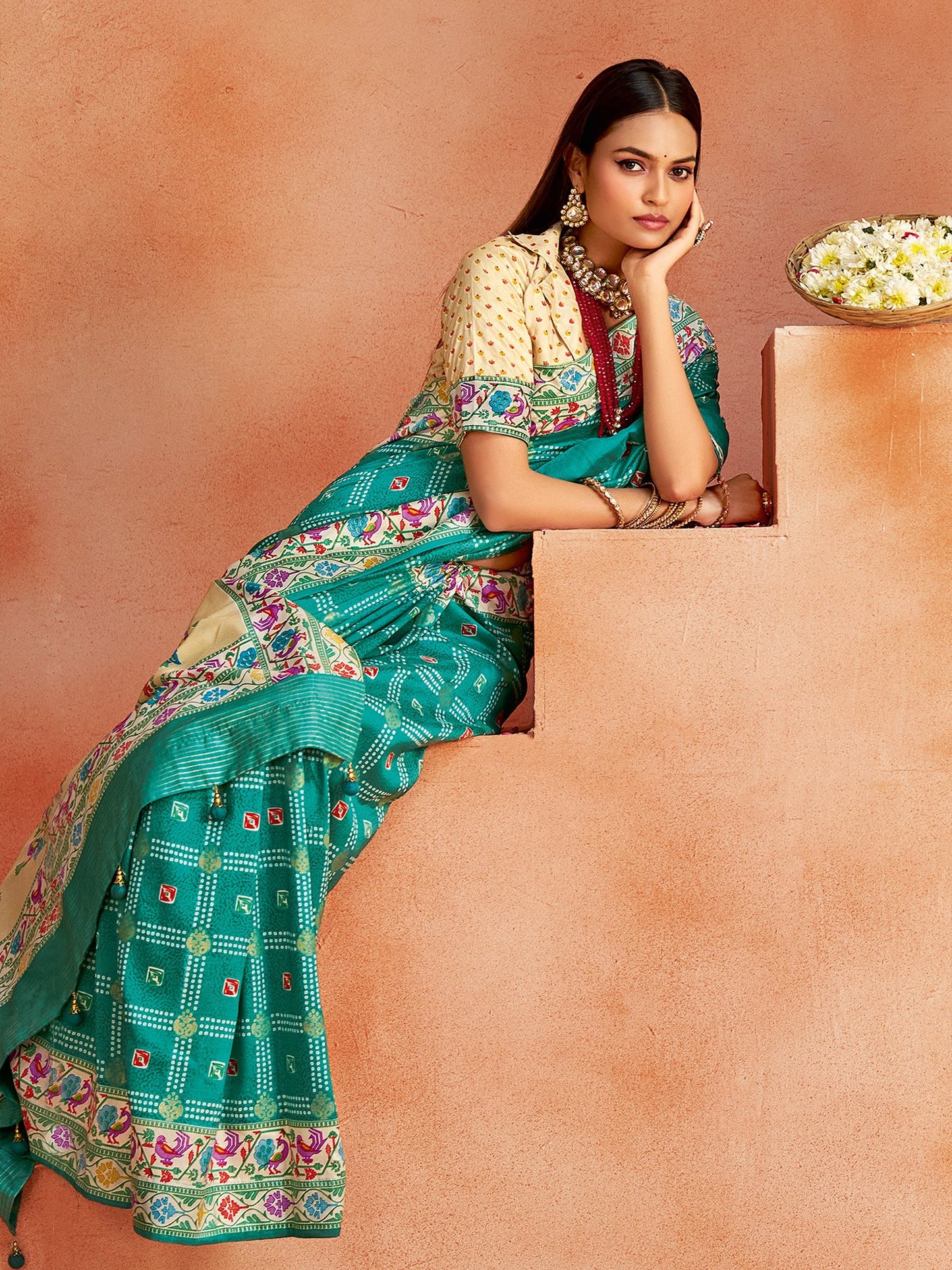 Turquoise Bandhani Tussar Silk Printed Saree