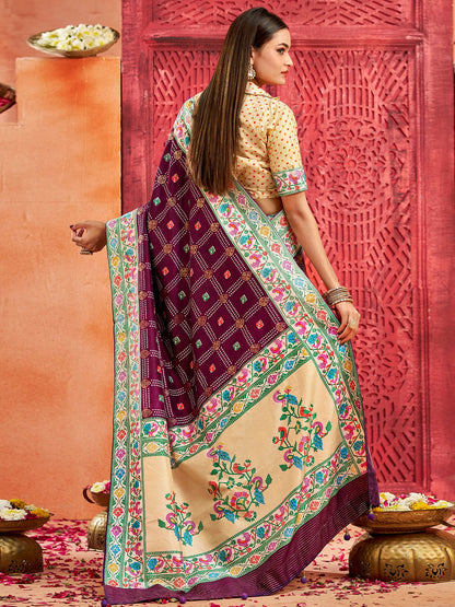 Burgundy Bandhani Tussar Silk Printed Saree