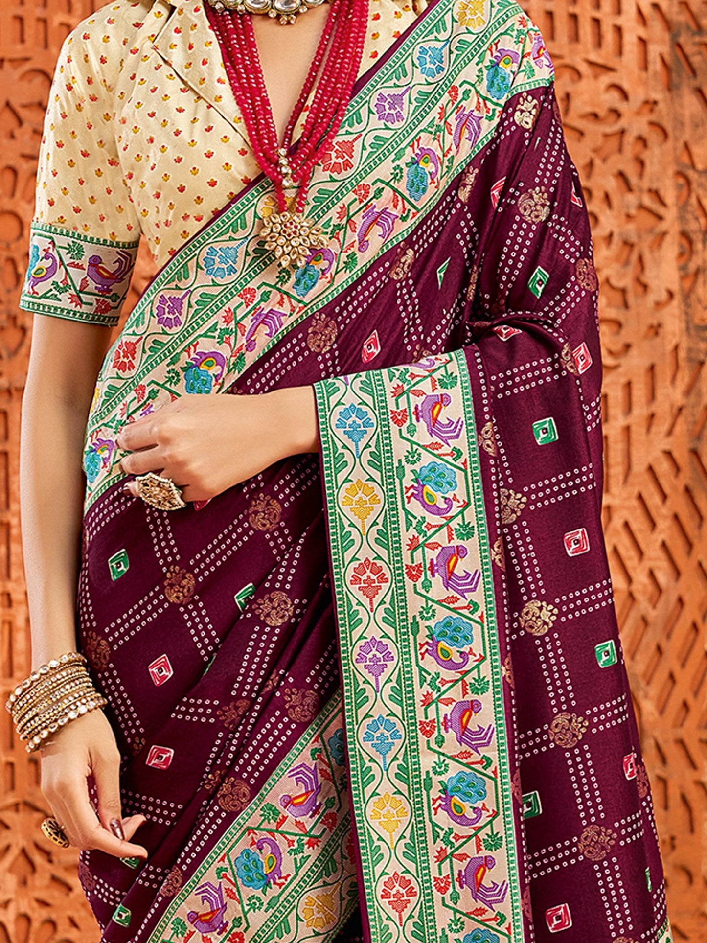 Burgundy Bandhani Tussar Silk Printed Saree