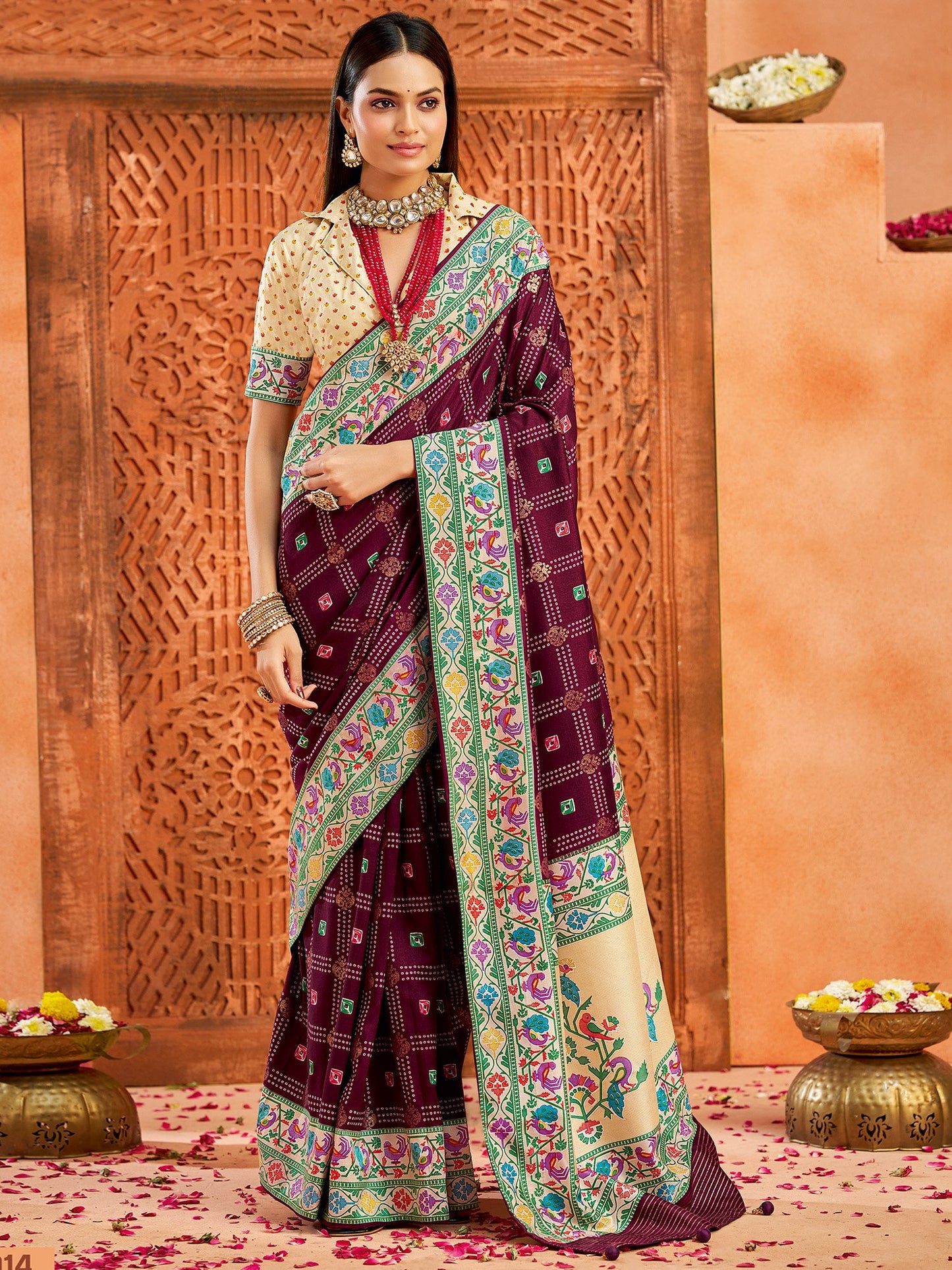 Purple Burgundy Bandhani Tussar Silk Printed Saree
