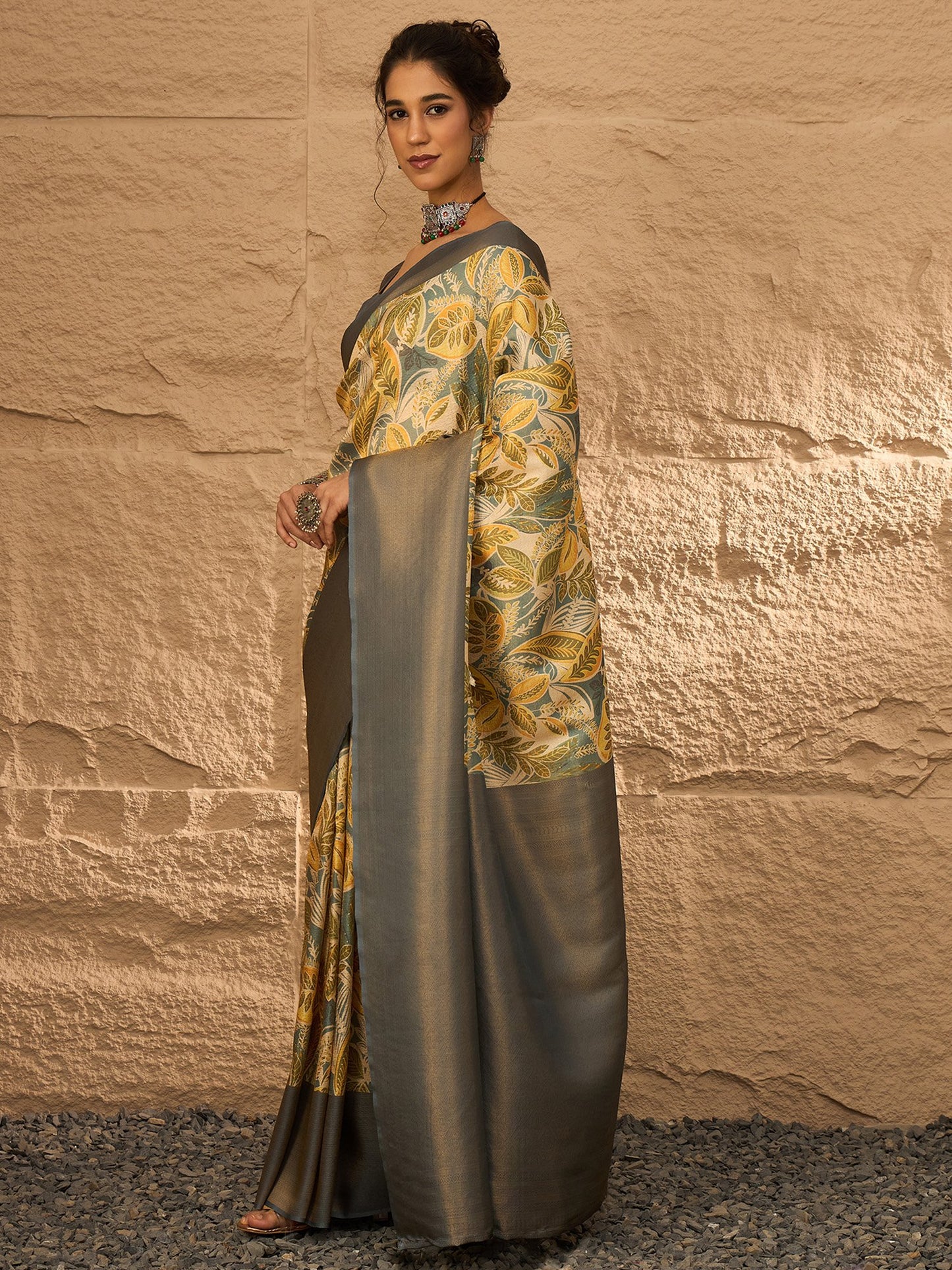 Beige Banarasi Silk Blend Digital Print Saree