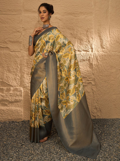 Beige Banarasi Silk Blend Digital Print Saree