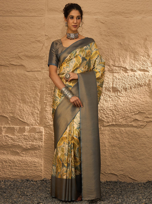 Yellow Beige Banarasi Silk Blend Digital Print Saree