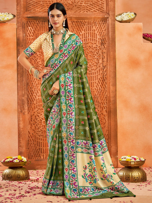 Green Green Bandhani Tussar Silk Printed Saree