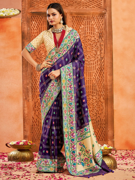 Purple Purple Bandhani Tussar Silk Printed Saree