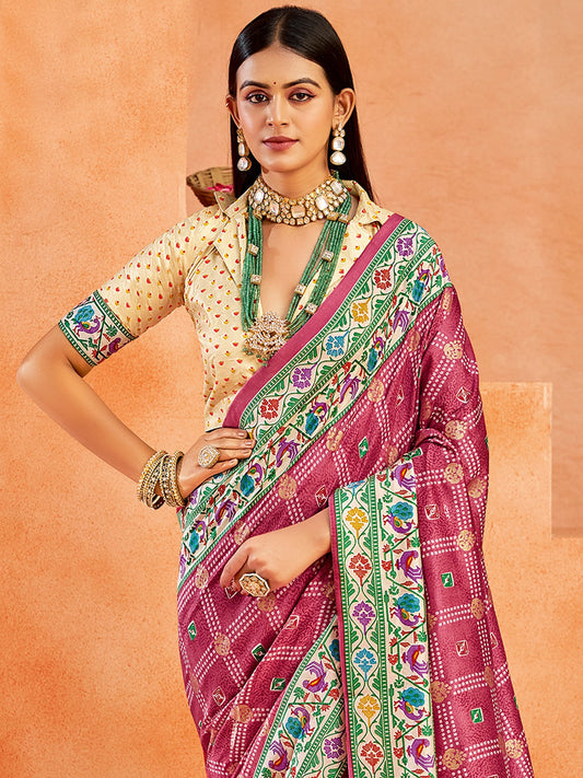 Pink Pink Bandhani Tussar Silk Printed Saree